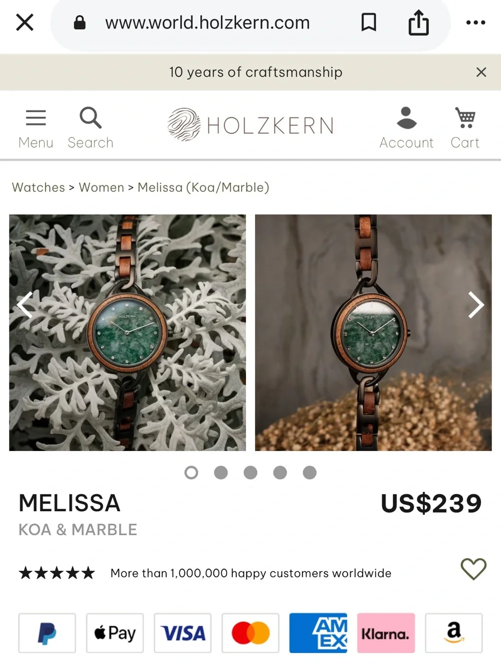 Holzkern Melissa Koa & Marble Women’s Watch 36mm Green Marble Dial NWT  Like New